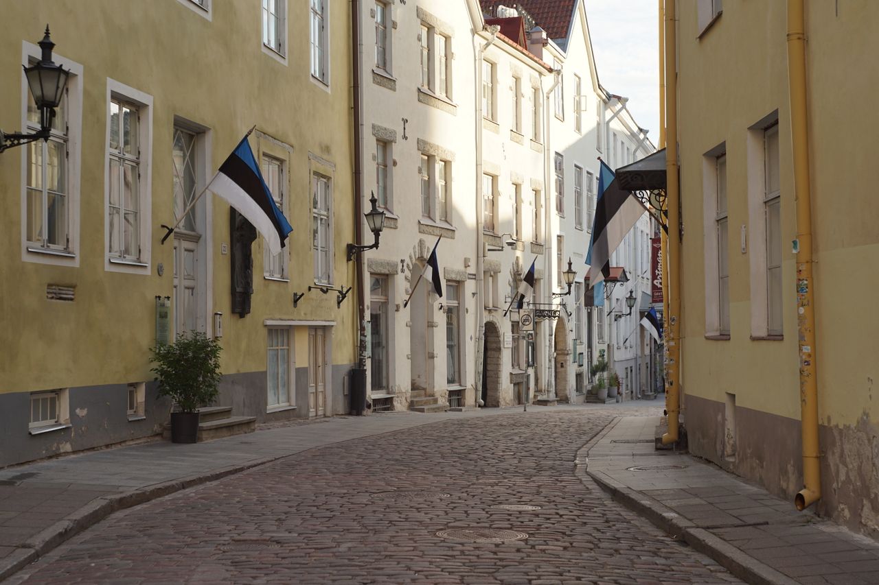 Charming cobblestone street in Tallinn with Estonian flags and historic buildings in soft light.